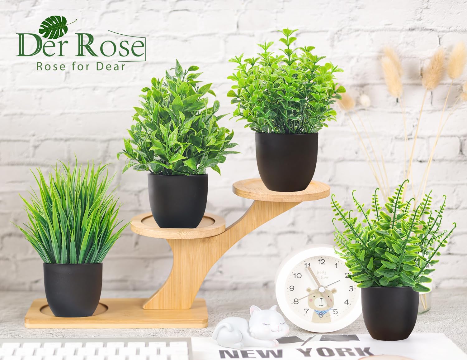 Flexoria Mini Artificial Plants 4-Pack – Black Pots for Table & Room Decor