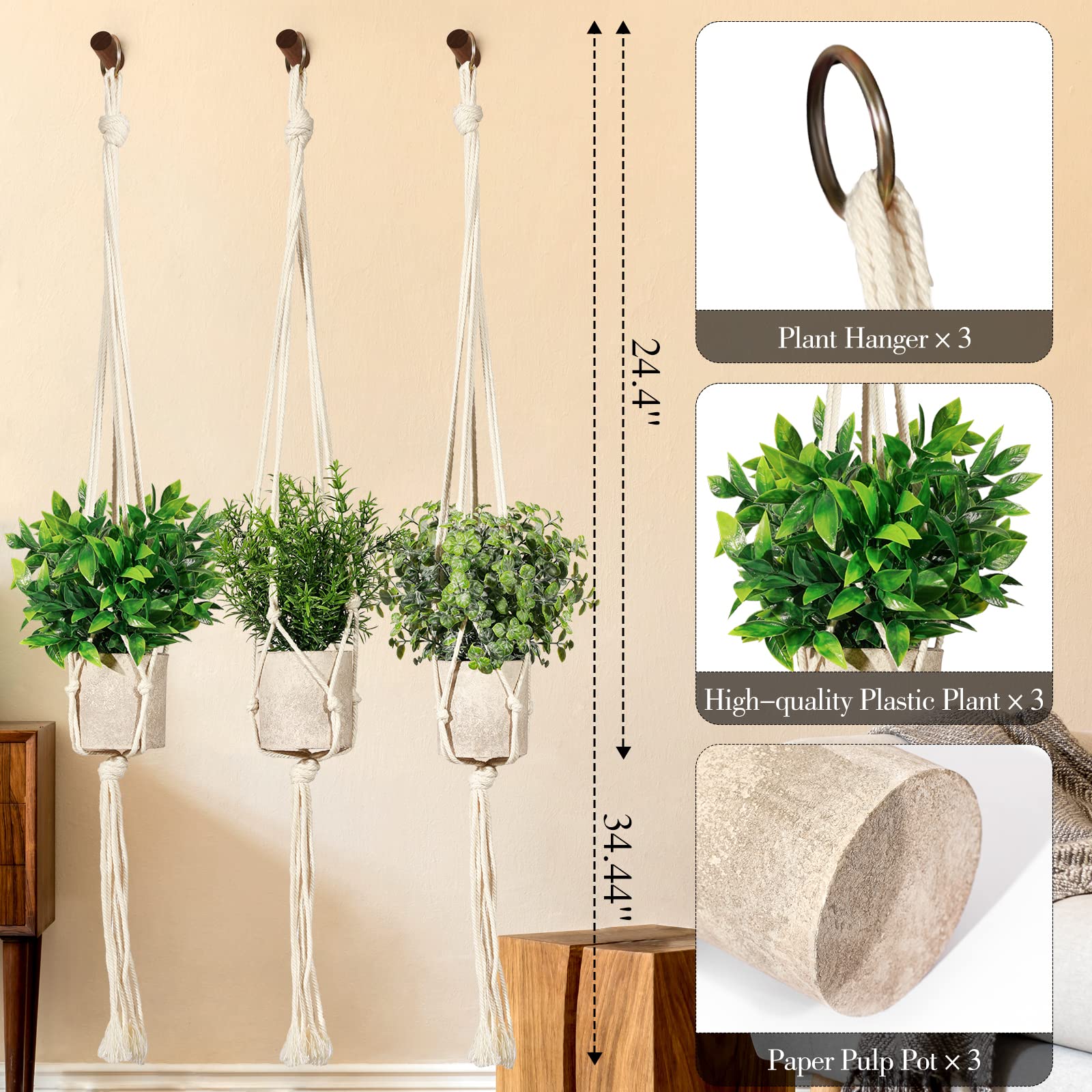 Flexoria 3-Pack Mini Hanging Plants – Faux Greenery with Macrame Hangers