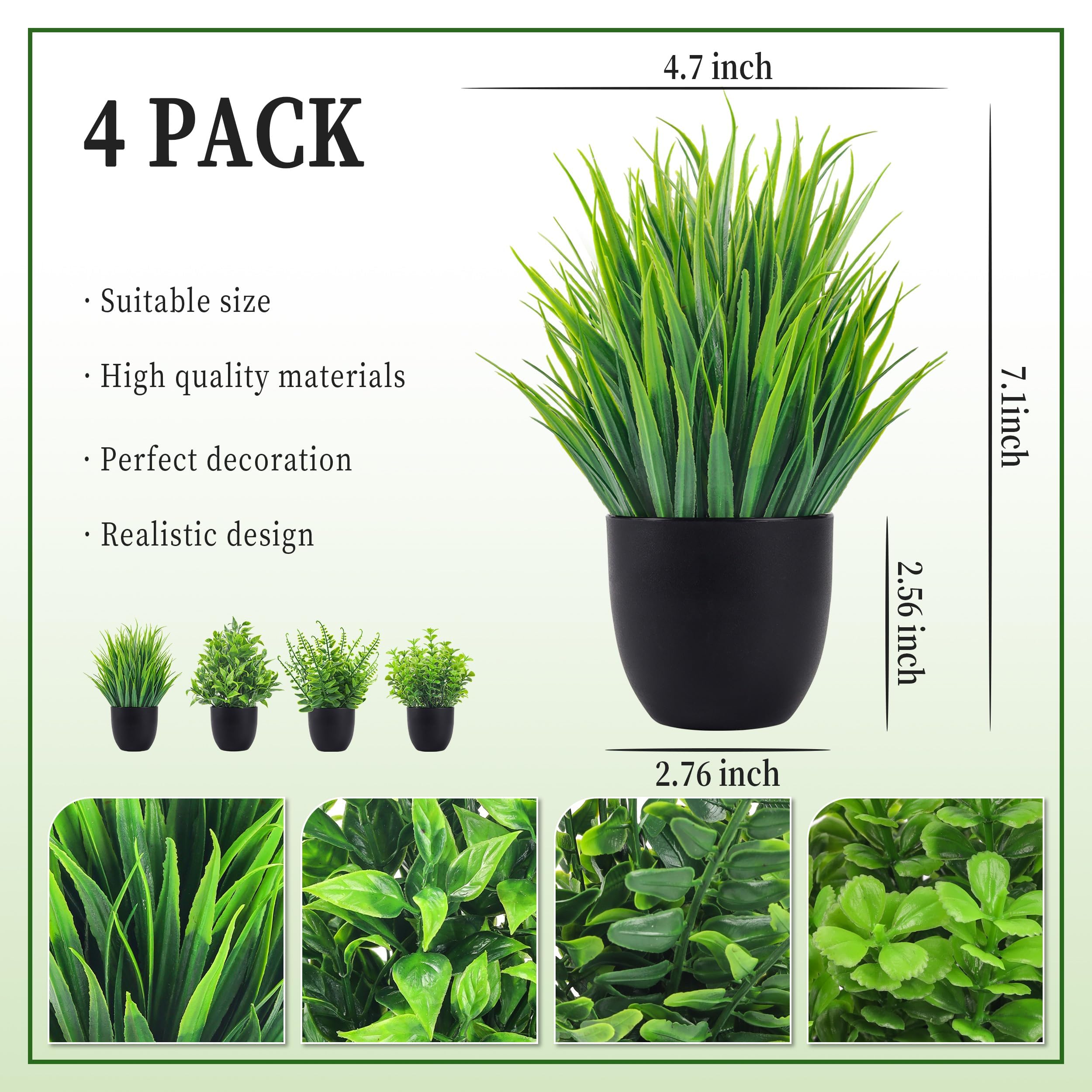Flexoria Mini Artificial Plants 4-Pack – Black Pots for Table & Room Decor