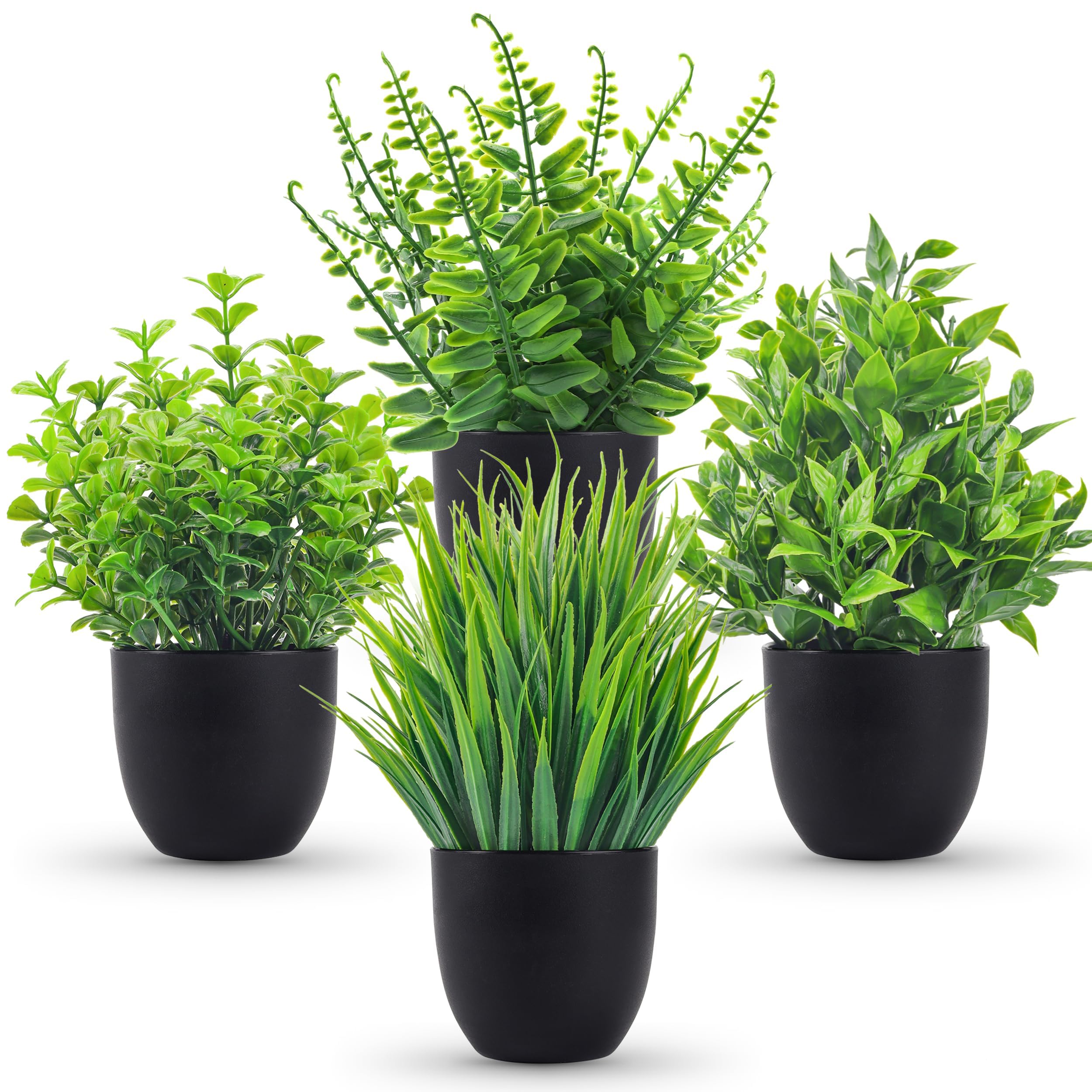 Flexoria Mini Artificial Plants 4-Pack – Black Pots for Table & Room Decor